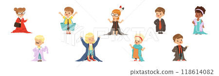 Cute Little Kids Wearing Elegant Adult Oversized Clothes Vector Set 118614082