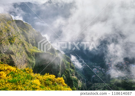 Aerial drone view of Curral das Freiras village, Madeira, Portugal Aerial drone view of Curral das Freiras village, Madeira, Portugal 118614087
