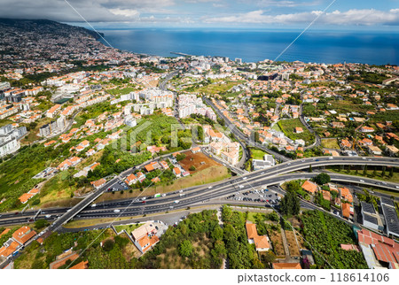Aerial drone view of Funchal town, Madeira, Portugal Aerial drone view of Funchal town, Madeira, Portugal 118614106