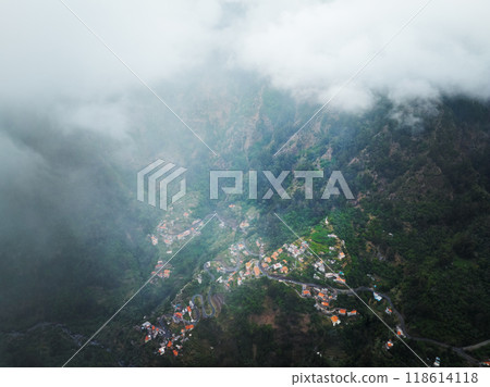 Aerial view of Curral das Freiras village. Miradouro da Eira do Serrado, Madeira, Portugal Aerial view of Curral das Freiras village. Miradouro da Eira do Serrado, Madeira, Portugal 118614118