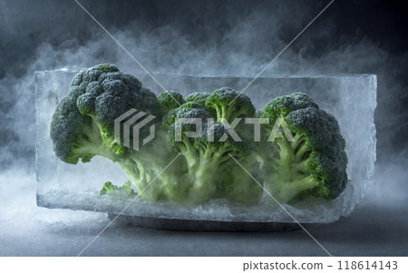 Frozen fresh broccoli in a block of ice, very low temperature, gray blue background. Food illustration 118614143