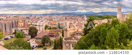 Panoramic View of Girona City with Cathedral and Monastery, Catalonia, Spain Panoramic View of Girona City with Cathedral and Monastery, Catalonia, Spain 118614150