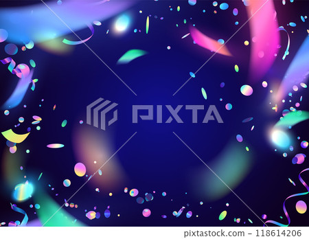 Background illustration with colorful neon confetti of different shapes and sizes. 118614206