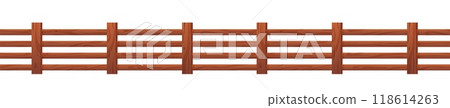 Wooden fence, garden timber barrier vector illustration, cartoon backyard border from brown horizontal lumber boards 118614263