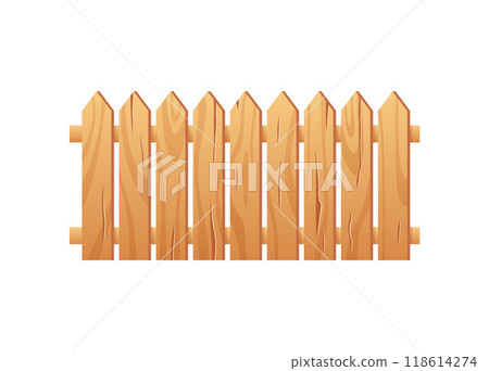 Wooden fence vector flat illustration, picket, garden timber barrier, cartoon backyard border from beige lumber boards 118614274