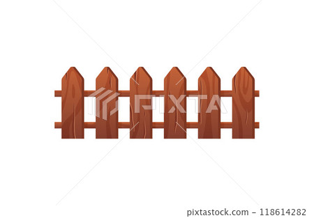 Wooden fence vector flat illustration, picket, garden timber barrier, cartoon backyard border from brown lumber boards 118614282