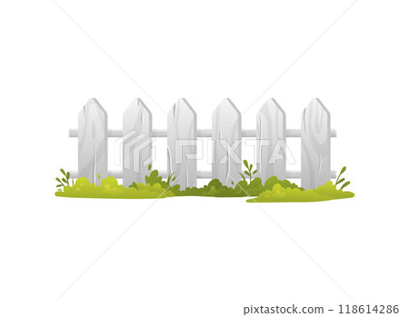 Wooden fence with grass vector flat illustration, cartoon garden white timber barrier, backyard border from lumber board 118614286