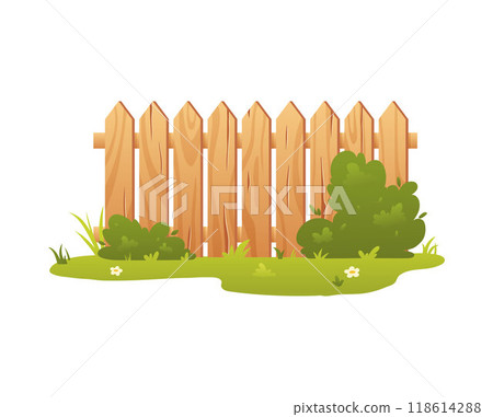A wooden fence of brown color in Vector illustration, among green grass and bushes. 118614288
