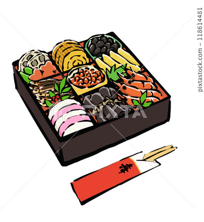Simple hand-drawn illustration of New Year's food 118614481