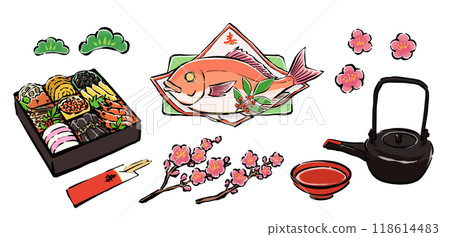 新年菜餚、慶祝鯛魚和 toso 的手寫日式插圖集 118614483