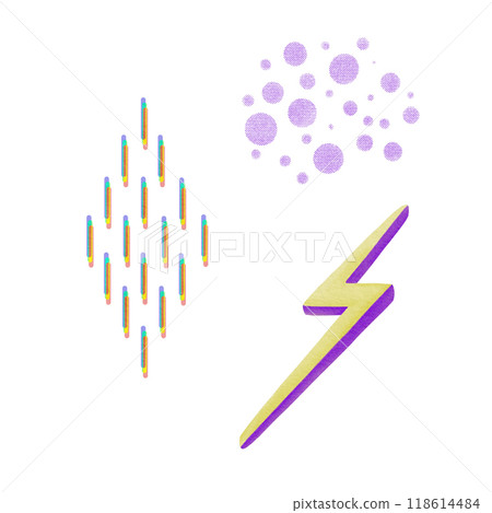 Purple Circles from dots in comic strip style, dashes with rainbow offset, lightning bolt acid color yellow with purple.As decorative elements of 80s,90s theme design elements.Watercolor clip art Purple Circles from dots in comic strip style, dashes with rainbow offset, lightning bolt acid color yellow with purple.As decorative elements of 80s,90s theme design elements.Watercolor clip art 118614484