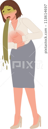 Sick woman vomiting and clutching stomach in severe pain, depicting illness, nausea, and abdominal distress. Sick woman vomiting and clutching stomach in severe pain, depicting illness, nausea, and abdominal distress. 118614697