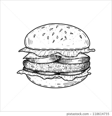 Fresh tasty burger. Vetor hand drawn illustration 118614735