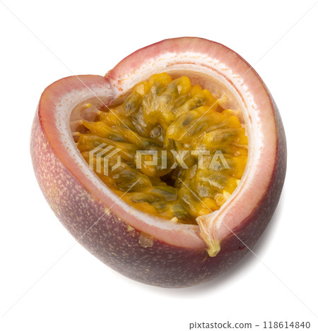 Red passion fruit with yellow pulp isolated on white background. 118614840