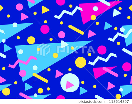 Geometric seamless pattern with elements of 80s memphis style. Geometric shapes circles, triangles and zigzags. Abstract design for print, wrappers, covers, banners and posters. Vector illustration 118614897