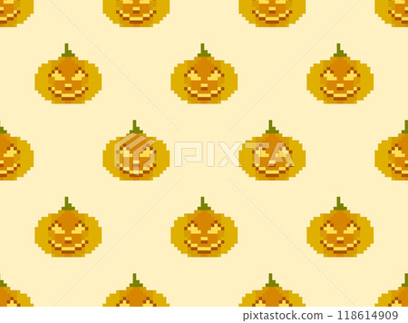 Halloween pumpkins in pixel art style seamless pattern. 8-bit retro graphic pixel pumpkins with carved scary faces. Jack-o-lantern design for wallpaper, banners, and posters. Vector illustration 118614909
