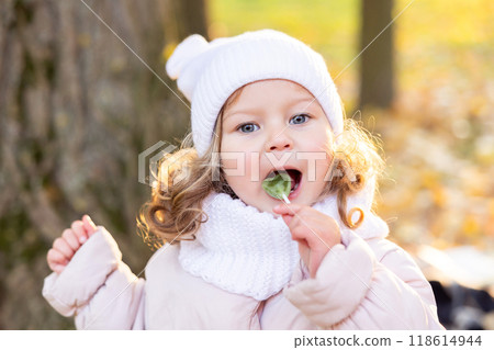 A cute pretty girl rests in the park in the middle of autumn leaves and tastes a lollipop. A cute pretty girl rests in the park in the middle of autumn leaves and tastes a lollipop. 118614944