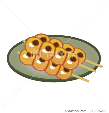 Illustration of mitarashi dango on a plate 118615203