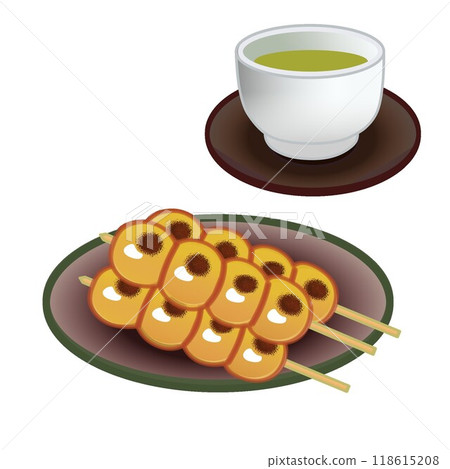 Illustration of dumplings on a plate and tea Illustration of dumplings on a plate and tea 118615208