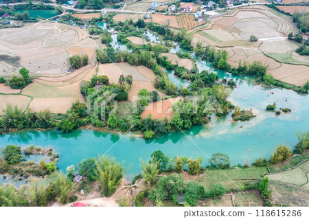 Aerial landscape in Quay Son river, Trung Khanh, Cao Bang, Vietnam with nature, green rice fields and rustic indigenous houses. Aerial landscape in Quay Son river, Trung Khanh, Cao Bang, Vietnam with nature, green rice fields and rustic indigenous houses. 118615286