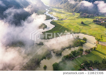 Rice terrace paddle field in sunrise at Phong Nam, Trung Khanh, Cao Bang, Vietnam Rice terrace paddle field in sunrise at Phong Nam, Trung Khanh, Cao Bang, Vietnam 118615306