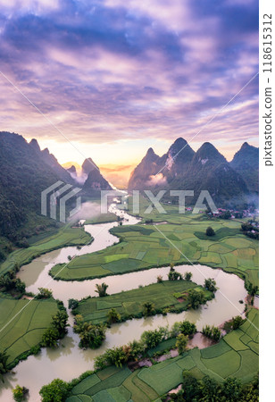 Rice terrace paddle field in sunrise at Phong Nam, Trung Khanh, Cao Bang, Vietnam Rice terrace paddle field in sunrise at Phong Nam, Trung Khanh, Cao Bang, Vietnam 118615312