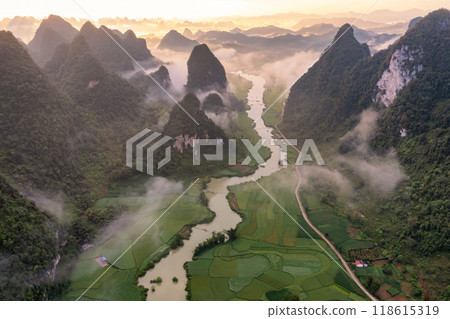 Rice terrace paddle field in sunrise at Phong Nam, Trung Khanh, Cao Bang, Vietnam Rice terrace paddle field in sunrise at Phong Nam, Trung Khanh, Cao Bang, Vietnam 118615319