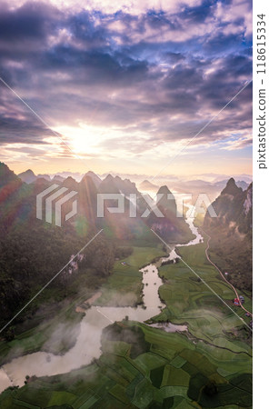 Rice terrace paddle field in sunrise at Phong Nam, Trung Khanh, Cao Bang, Vietnam Rice terrace paddle field in sunrise at Phong Nam, Trung Khanh, Cao Bang, Vietnam 118615334