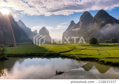 Rice terrace paddle field in sunrise at Phong Nam, Trung Khanh, Cao Bang, Vietnam Rice terrace paddle field in sunrise at Phong Nam, Trung Khanh, Cao Bang, Vietnam 118615337