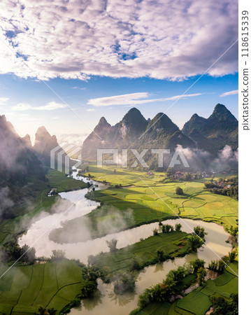 Rice terrace paddle field in sunrise at Phong Nam, Trung Khanh, Cao Bang, Vietnam Rice terrace paddle field in sunrise at Phong Nam, Trung Khanh, Cao Bang, Vietnam 118615339