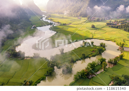 Rice terrace paddle field in sunrise at Phong Nam, Trung Khanh, Cao Bang, Vietnam Rice terrace paddle field in sunrise at Phong Nam, Trung Khanh, Cao Bang, Vietnam 118615340