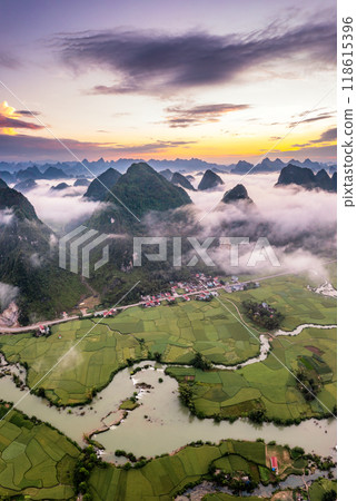 Sunrise in Ngoc Con rice valley in Cao Bang Vietnam 118615396