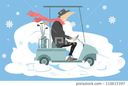 Golfer man rides the golf cart illustration. Winter. Snow. Golfer man in the hat and scarf going to play golf in the golf cart. Isolated on white	 118615397