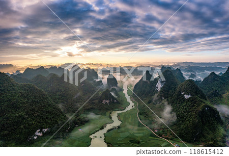 Rice terrace paddle field in sunrise at Phong Nam, Trung Khanh, Cao Bang, Vietnam Rice terrace paddle field in sunrise at Phong Nam, Trung Khanh, Cao Bang, Vietnam 118615412