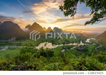 Sunrise in Ngoc Con rice valley in Cao Bang Vietnam Sunrise in Ngoc Con rice valley in Cao Bang Vietnam 118615425