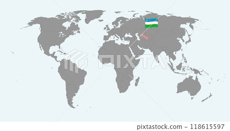 Pin map with Uzbekistan flag on world map. Vector illustration. 118615597
