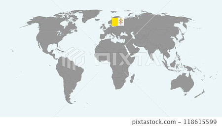 Pin map with Vatican City flag on world map. Vector illustration. Pin map with Vatican City flag on world map. Vector illustration. 118615599