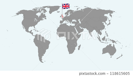 Pin map with United Kingdom flag on world map. Vector illustration. Pin map with United Kingdom flag on world map. Vector illustration. 118615605
