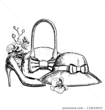 A woman's handbag, a hat, high-heeled shoes and orchid flowers. Black and white vector graphics made by hand. Illustration on a white background. For packages and labels, flyers, posters, banners. A woman's handbag, a hat, high-heeled shoes and orchid flowers. Black and white vector graphics made by hand. Illustration on a white background. For packages and labels, flyers, posters, banners. 118616055