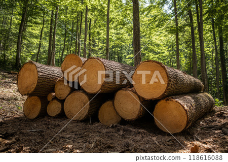 Stack of Cut Logs in Forest. Logging Industry 118616088