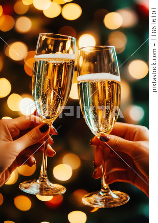Two people are holding glasses of champagne blurred festive background 118616101