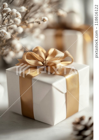 White gift boxes with gold ribbon bow 118616122