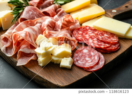 Wooden platter with prosciutto, salami and cheese 118616123