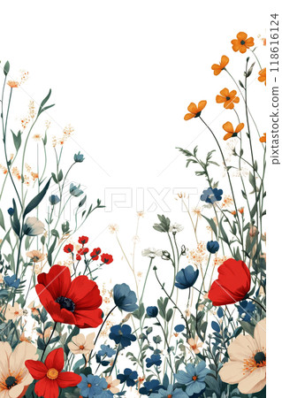 Colorful wildflowers creating border on white background 118616124
