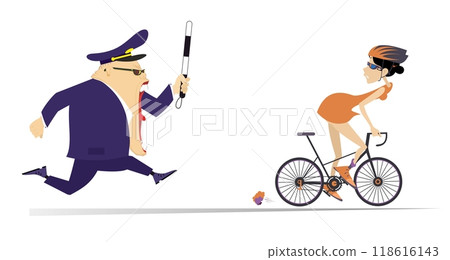 Angry traffic policeman running after cyclist woman. Frightened cycling woman trying to ride away from the shouting angry traffic policeman. Isolated on white Angry traffic policeman running after cyclist woman. Frightened cycling woman trying to ride away from the shouting angry traffic policeman. Isolated on white 118616143