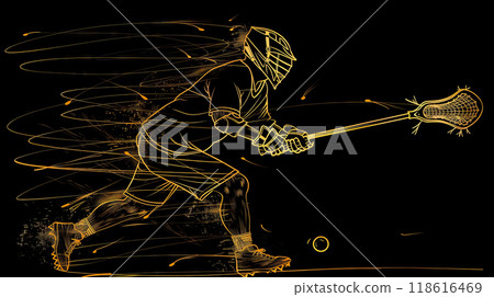 Dynamic Abstract Silhouette of a Lacrosse Player in Vibrant Colors Against a Dark Background 118616469