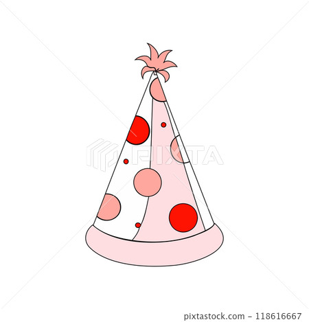A simple vector illustration of a party hat decorated with red polka dots. Ideal for birthday party invitations, celebration graphics, and event decorations... 118616667