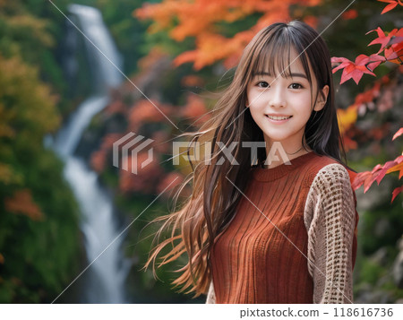 Autumn leaves landscape and smiling young woman Autumn leaves landscape and smiling young woman 118616736
