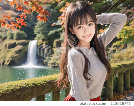 Autumn leaves landscape and smiling young woman Autumn leaves landscape and smiling young woman 118616745