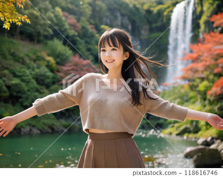 Autumn leaves landscape and smiling young woman Autumn leaves landscape and smiling young woman 118616746